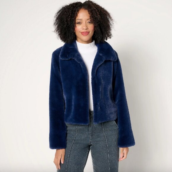 Dennis Basso Faux-Fur Cropped Jacket w/ Convertible Collar , Indigo Sz S a672943 - Picture 1 of 5